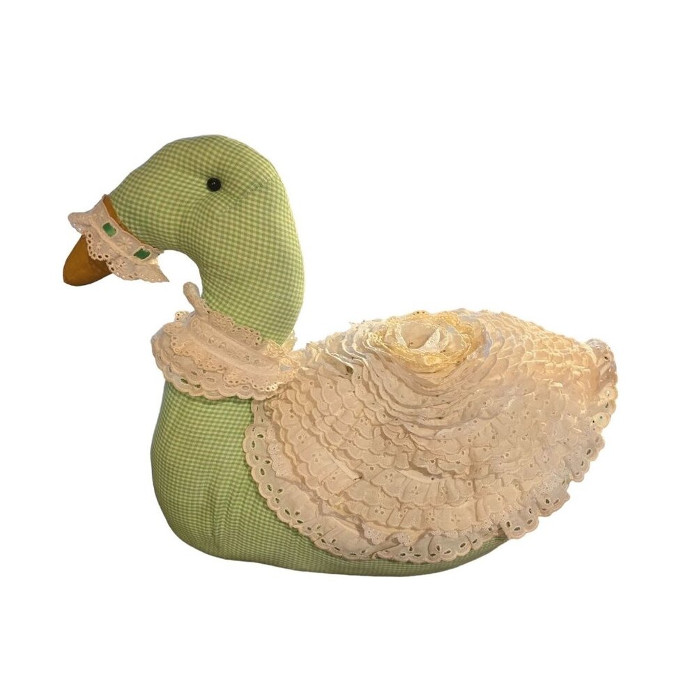 Handmade Decorative Green Gingham Goose With Lace Dress & Bonnet